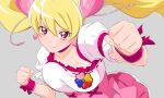  1girl blonde_hair bouncing_breasts breasts choker closed_mouth collarbone cure_peach earrings fighting_stance fresh_precure! fuchi_(nightmare) hair_between_eyes hair_ornament heart heart_earrings heart_hair_ornament jewelry large_breasts long_hair looking_at_viewer magical_girl momozono_love pink_choker pink_eyes precure smile solo twintails wrist_cuffs 