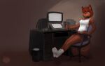  anthro bottomwear brown_body brown_fur canid canine chair clothing collar computer desk drawing_tablet female footwear fox fur furniture hair holding_object holding_pen kanie_(kanel) looking_at_viewer mammal pen red_hair reddyeno5 shirt shorts signature simple_background sitting socks solo table tank_top topwear trash_can 