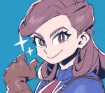  1girl animification blue_bodysuit blue_eyes bodysuit bright_pupils brown_gloves brown_hair gloves hair_behind_ear looking_at_viewer marvel marvel_cinematic_universe peggy_carter portrait smile solo sparkle sunafuki_tabito thumbs_up v-shaped_eyebrows what_if_(disney+) white_pupils 