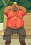  2022 absurd_res anthro belly bench big_belly bottomwear brown_body bulge clothing detailed_background harushipanda hat headgear headwear hi_res hiroshi_odokawa_(odd_taxi) male mammal marine odd_taxi overweight overweight_male pants pinniped plant shirt sitting solo topwear tree walrus 