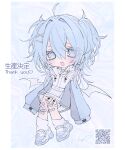 1girl :d absurdres ahoge bandaid bandaid_on_knee bandaid_on_leg bandaid_on_neck bangs blue_background blue_eyes blue_footwear blue_hair blush chibi colored_eyelashes commentary_request crossed_bandaids demon_wings fang full_body hair_ornament hairclip highres jacket loose_socks open_mouth original qr_code shoes si10ra signature sleeves_past_fingers sleeves_past_wrists smile sneakers solo two_side_up white_jacket white_legwear white_wings wings x_hair_ornament 