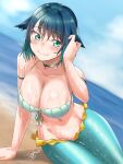  1girl awono_nanaumi bangs beach blue_hair blue_sky blush breasts choker cleavage closed_mouth collarbone commentary_request eyebrows_visible_through_hair fukami_nana green_eyes hair_between_eyes hair_flaps hand_on_own_head highres large_breasts looking_at_viewer mermaid monster_girl navel ocean original outdoors shiny shiny_hair shiny_skin short_hair signature sky smile solo sparkle water wet 
