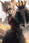  1boy bakugou_katsuki black_pants blonde_hair boku_no_hero_academia clenched_hand clenched_teeth explosion explosive fire gloves green_belt green_gloves grenade highres male_focus mask nakamu_405 pants red_eyes smoke solo spiked_hair teeth white_background 