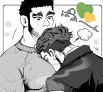  2boys bara beard between_pectorals buzz_cut emoji facial_hair golden_kamuy greyscale head_between_pecs highres kasuke_(li_tgknk) large_pectorals long_sideburns male_focus mature_male monochrome multiple_boys muscular muscular_male ogata_hyakunosuke pectoral_pillow pectorals short_hair sideburns stubble tanigaki_genjirou thick_eyebrows upper_body very_short_hair 