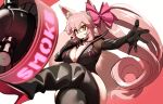  1girl absurdres animal_ear_fluff animal_ears bangs black_bodysuit bodysuit bow breasts center_opening choker cleavage fate/grand_order fate_(series) fox_ears fox_girl fox_tail glasses grin hair_between_eyes hair_bow high_heels highres hip_vent koyanskaya_(assassin)_(first_ascension)_(fate) koyanskaya_(fate) large_breasts long_hair looking_at_viewer naze pink_bow pink_hair ponytail sidelocks smile smoke_grenade solo tail tamamo_(fate) yellow_eyes 