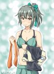  1girl bow bra breasts brown_eyes clothes_removed commentary_request green_bra green_skirt grey_hair grey_shirt hair_bow highres kantai_collection koutetunamekuji long_hair medium_breasts neckerchief orange_neckerchief pleated_skirt ponytail shirt skirt solo underwear upper_body yuubari_(kancolle) 