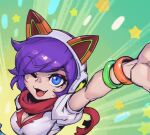  1girl :d ahri_(league_of_legends) animal_ears arcade_ahri arm_up bangs blue_eyes bracelet breasts cleavage eyebrows_visible_through_hair fake_animal_ears fang green_background hood hood_up jewelry large_breasts league_of_legends looking_at_viewer medium_hair mole mole_under_eye official_alternate_costume one_eye_closed open_mouth phantom_ix_row puffy_short_sleeves puffy_sleeves purple_hair shiny shiny_hair shirt short_sleeves smile solo star_(symbol) white_shirt 