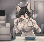  absurd_res anthro big_breasts black_hair blush bodily_fluids breasts canid canine claws cleavage clothed clothing dress_shirt female hair hi_res mammal shirt sleepiness18 solo sweat topwear 