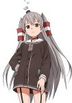  1girl amatsukaze_(kancolle) bangs brown_eyes commentary_request cowboy_shot grey_hair kantai_collection kinosuke_(sositeimanoga) long_hair revision solo two_side_up very_long_hair white_background 