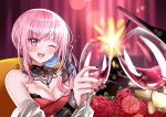  1girl alcohol bouquet breasts cleavage cup dress drinking_glass flower highres holding holding_cup hololive hololive_english large_breasts looking_at_viewer maroonabyss mori_calliope pink_hair red_dress red_eyes red_flower red_rose rose smile solo wine wine_glass 