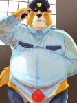  2022 anthro belly big_belly black_nose blush brown_body bulge canid canine canis clothing domestic_dog hat headgear headwear hi_res humanoid_hands kemono male mammal o_miso_n overweight overweight_male police police_hat police_officer police_uniform red_clothing red_underwear solo translucent translucent_clothing underwear uniform 