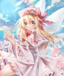  1girl blonde_hair blue_eyes blue_sky blush bow capelet cherry_blossoms cloud day dress eyebrows_visible_through_hair fairy_wings feet_out_of_frame hair_between_eyes hat highres lens_flare lily_white long_hair long_sleeves looking_at_viewer mizudori_(msarasoju) petals sky solo touhou white_dress wide_sleeves wings 