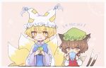  2girls animal_ears artist_name blonde_hair blue_tabard border brown_hair cat_ears cat_tail chen commentary_request cup dress earrings eyebrows_visible_through_hair fox_tail frilled_sleeves frills green_headwear hat jewelry kitsune long_sleeves m_(m073111) medium_hair mob_cap multiple_girls multiple_tails neck_ribbon pillow_hat red_vest ribbon shirt short_hair single_earring steam tabard tail touhou translation_request twitter_username two_tails vest white_border white_dress white_shirt wide_sleeves yakumo_ran yellow_eyes 