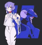  1girl absurdres ayanami_rei bandage_over_one_eye bandaged_arm bandages bangs blue_hair bodysuit breasts closed_mouth commentary eva_00 expressionless hair_between_eyes highres jeff_miga looking_at_viewer mecha medium_breasts neon_genesis_evangelion plugsuit red_eyes short_hair solo standing white_bodysuit 