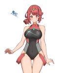  1girl absurdres alternate_hairstyle aotsuba bangs black_swimsuit breasts chest_jewel competition_swimsuit headpiece highres large_breasts one-piece_swimsuit pyra_(pro_swimmer)_(xenoblade) pyra_(xenoblade) red_eyes red_hair red_swimsuit ribbed_swimsuit short_hair simple_background solo strapless strapless_swimsuit swept_bangs swimsuit tiara two-tone_swimsuit white_background xenoblade_chronicles_(series) xenoblade_chronicles_2 