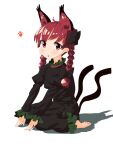  1girl :o ahoge animal_ears barefoot blush bow braid cat_ears cat_tail dress extra_ears hair_bow juliet_sleeves kaenbyou_rin long_sleeves looking_at_viewer multiple_tails nekomata open_mouth polpol puffy_sleeves red_eyes red_hair simple_background sitting solo tail toes touhou twin_braids white_background 