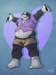  2022 anthro badger belly big_belly black_body black_nose bottomwear clothing eyes_closed hi_res humanoid_hands k-9 male mammal mustelid musteline overweight overweight_male shirt shorts simple_background solo topwear white_body 