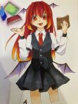  1girl :d bat_wings book cropped_legs dress_shirt eyebrows_behind_hair fang hands_up head_wings highres holding holding_book koakuma long_hair long_sleeves looking_at_viewer low_wings necktie open_mouth red_eyes red_hair red_necktie s_saku0718 shirt simple_background skirt smile solo touhou traditional_media vest wings 