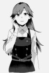  1girl arashio_(kancolle) arashio_kai_ni_(kancolle) banned_artist belt commentary_request dress dress_shirt greyscale kantai_collection long_hair long_sleeves looking_at_viewer makio_(makiomeigenbot) monochrome parted_lips pinafore_dress shirt simple_background solo upper_body 