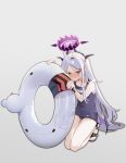  1girl absurdres ahoge blue_archive blush bvb233 closed_mouth halo highres hina_(blue_archive) horns innertube kneeling legs name_tag one-piece_swimsuit purple_eyes sandals school_swimsuit see-through simple_background solo swimsuit thighs white_background white_hair wings 