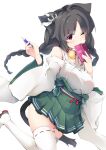  1girl anchor_hair_ornament animal_ears azur_lane bell black_hair braid breasts cat_ears cat_tail cowboy_shot detached_sleeves eyebrows_visible_through_hair fujy green_background green_hakama hair_ornament hakama hakama_skirt highres japanese_clothes jingle_bell kimono large_breasts looking_at_viewer notebook one_eye_closed ooshio_(azur_lane) pencil red_eyes skirt smile standing standing_on_one_leg tail twin_braids wide_sleeves 
