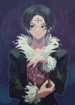  1boy bangs black_eyes black_hair book chrollo_lucilfer coat earrings facial_mark forehead_mark fur_trim highres holding holding_book hsh7955 hunter_x_hunter jewelry looking_to_the_side male_focus parted_bangs solo 