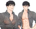  1boy abs alskatn77 bangs bara black_hair closed_mouth collared_shirt covered_nipples grey_shirt large_pectorals looking_at_viewer male_focus muscular muscular_male navel open_clothes open_mouth open_shirt original pectorals see-through shirt short_hair simple_background sleeves_rolled_up solo upper_body wet wet_clothes wet_shirt 