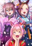  3girls alternate_costume blurry blurry_background cherry_blossoms commentary_request flower forehead hair_between_eyes hair_flower hair_ornament haru_urara_(umamusume) highres horse_girl japanese_clothes kimono long_hair looking_at_viewer medium_hair multiple_girls open_mouth otono_(bkt4b) pink_hair sakura_bakushin_o_(umamusume) sakura_chiyono_o_(umamusume) tree umamusume 