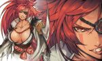  1girl absurdres baiken bangs blurry blurry_background breasts collarbone commentary eyepatch facial_mark forehead_mark guilty_gear guilty_gear_strive highres holding holding_weapon japanese_clothes katana large_breasts lips long_hair looking_at_viewer multiple_views obi parted_lips ponytail red_eyes red_hair sash scar scar_across_eye shimetsukage shiny shiny_skin simple_background smile solo sword teeth tied_hair weapon 