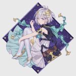  1girl bag boots dress earrings granblue_fantasy jewelry night night_sky pota_(bluegutty) short_hair signature silver_hair sky smile stud_earrings thigh_boots thighhighs white_dress yuni_(granblue_fantasy) 