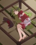  1girl animal animal_ears bangs barefoot black_eyes cat cat_ears cat_tail closed_mouth commentary_request crossed_arms dark_skin dog_tail empty_eyes eyebrows_visible_through_hair floor green_eyes green_hair grey_shorts hair_between_eyes highres horns indoors jacket kaenbyou_rin kaenbyou_rin_(cat) kanpa_(campagne_9) komano_aunn long_hair long_sleeves looking_to_the_side multiple_tails red_jacket shaded_face shadow shorts table tail teeth touhou two_tails 