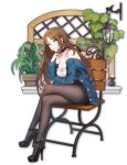  1girl artist_request black_footwear braid brown_hair candle chair choker crossed_legs earrings eyebrows_visible_through_hair fence game_cg high_heels hoop_earrings jewelry looking_at_viewer mahjong_soul official_art pantyhose plant plant_request potted_plant side_braid sidelocks simple_background sitting solo terasaki_chihori third-party_source transparent_background wall_lamp yellow_eyes yostar 