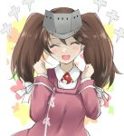  1girl brown_hair clenched_hand collared_shirt commentary_request facing_viewer gakky japanese_clothes kantai_collection kariginu magatama one-hour_drawing_challenge red_shirt ryuujou_(kancolle) shikigami shirt solo twintails visor_cap 