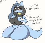  anthro big_breasts blue_body blush breasts canid canine canis dialogue digital_media_(artwork) english_text female fur hair hi_res looking_at_viewer mammal nebula64 nintendo nude open_mouth pok&eacute;mon pok&eacute;mon_(species) riolu simple_background solo text thick_thighs video_games white_background wide_hips 
