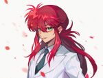 1boy formal green_eyes hsh7955 kurama_(yu_yu_hakusho) long_hair looking_at_viewer male_focus petals red_hair smile solo suit yu_yu_hakusho 