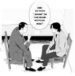  2boys black_hair coat dudles english_text heinrich_lunge highres interrogation loafers messy_hair monochrome monster_(manga) multiple_boys necktie parody shoes sitting speech_bubble tenma_kenzou 