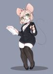  accessory anthro blonde_hair bottomwear breasts buckteeth business_suit cleavage clothed clothing eyewear female glasses green_eyes hair hair_accessory hair_tie hi_res legwear mammal miniskirt mouse murid murine pen punipaws rodent simple_background skirt solo stockings suit teeth 