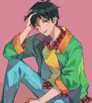  1boy black_hair brown_eyes denim green_jacket hair_down hand_in_own_hair highres hsh7955 jacket jeans male_focus pants simple_background sitting smile solo urameshi_yusuke yu_yu_hakusho 