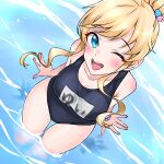  arms_behind_back bangs black_swimsuit blonde_hair blue_eyes blush breasts collarbone commentary_request eyebrows_visible_through_hair eyelashes from_above hair_bun hair_ornament heart heart_hair_ornament highres idolmaster idolmaster_cinderella_girls large_breasts larmen_sennin long_hair looking_at_viewer looking_up name_tag ohtsuki_yui one_eye_closed open_mouth school_swimsuit smile solo swimsuit teeth thighs upper_teeth water wavy_hair wristband 