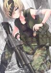  1girl ar-15 assault_rifle bandaged_arm bandages belt between_breasts black_footwear blonde_hair boots breasts brown_hair camouflage camouflage_pants canteen combat_boots combat_knife cowboy_shot green_pants green_vest grenade_launcher grey_background gun hair_over_one_eye highres knife leaning_forward looking_at_viewer m16 m16a1 m203 original pants rifle samaru_(seiga) short_hair small_breasts smoke_grenade solo strap_between_breasts tank_top underbarrel_grenade_launcher vest weapon 