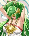  1girl armpits bangs bare_shoulders breasts dress forehead_jewel goddess gold green_hair highres jewelry kid_icarus kid_icarus_uprising large_breasts laurel_crown long_hair neck_ring necklace palutena parted_bangs side_slit solo strapless strapless_dress very_long_hair white_dress 