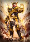  1boy 2018 apocalypse armor aura black_armor black_footwear black_gloves boots clenched_hand clock clock_hands cowboy_shot driver_(kamen_rider) finishing_move full_body gloves gold_armor gold_trim highres kamen_rider kamen_rider_zi-o_(series) long_coat male_focus ouma_zi-o powering_up red_eyes rider_belt rider_watch ryukawa tokusatsu waistcoat 