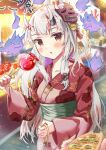  1girl absurdres bangs bell blush breasts candy festival floral_print food food_stand hair_ornament highres hololive horns japanese_clothes kimono long_hair looking_at_viewer mihaeru multicolored_hair nakiri_ayame night oni oni_horns open_mouth print_kimono red_eyes red_hair red_kimono silver_hair solo streaked_hair virtual_youtuber white_hair yatai yukata 