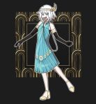  1920s_(style) 1girl blue_dress dress feathers flapper_girl fluorart freckles full_body high_heels highres jewelry light_blue_eyes necklace original pearl_necklace pokemon pokemon_(game) pokemon_legends:_arceus smile white_hair 