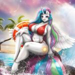  1:1 2022 abs anklet anthro beach big_breasts bikini blue_hair breasts cleavage clothed clothing cloud cutie_mark detailed_background english_text equid equine eyelashes feathered_wings feathers female friendship_is_magic green_hair hair hand_on_knee hand_on_leg hi_res horn jewelry lens_flare life_ring lifeguard lipstick looking_at_viewer makeup mammal mdwines midriff multicolored_hair my_little_pony navel open_mouth open_smile outside palm_tree pink_hair plant princess_celestia_(mlp) purple_eyes purple_hair rock sea seaside sitting sky smile solo swimwear text tree unicorn water wings 