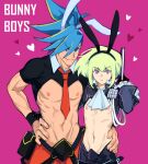  2boys androgynous animal_ears arm_around_back arm_around_waist black_gloves book codpiece english_text eyebrows_visible_through_hair galo_thymos gloves green_hair hanezo heart highres holding holding_book lio_fotia male_focus male_playboy_bunny mohawk multiple_boys necktie nipples pink_background promare purple_eyes rabbit_ears red_necktie short_hair sidelocks simple_background smile toned toned_male 