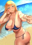  1girl areola_slip areolae ass atago_(kancolle) beach bikini blonde_hair blue_bikini blush breasts cleavage covered_nipples curvy day error eyebrows_visible_through_hair green_eyes holding_hands huge_breasts kantai_collection kayumidome large_areolae light_smile long_hair looking_at_viewer micro_bikini ocean pointy_breasts pov pov_hands side-tie_bikini solo spaghetti_strap strap_slip sweat swimsuit thick_thighs thighs thong_bikini twisted_torso underboob 