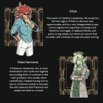  1920s_(style) 1boy 1girl blue_shirt coat crossed_arms english_text fluorart green_hair grey_coat hand_on_own_chin highres long_hair multicolored_hair one_eye_covered original pants pokemon pokemon_(game) pokemon_legends:_arceus red_hair shirt smile two-tone_hair upper_body white_pants 