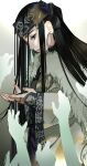  1girl ainu_clothes artist_name asirpa black_hair earrings fur golden_kamuy gradient gradient_background grey_background hands headband highres hoop_earrings jewelry long_hair simple_background solo upper_body very_long_hair wide_sleeves xiao_zao_chuan 