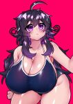  1girl absurdres ahoge bangs blush breasts cleavage collarbone crawling_dreams curly_hair english_commentary eyebrows highres huge_breasts merryweather messy_hair nyarla_(osiimi) one-piece_swimsuit open_mouth osiimi parted_lips plump purple_eyes purple_hair sidelocks solo swimsuit thick_thighs thighs 